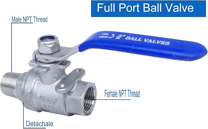 Full Port Ball Valve 3/8" NPT Heavy Duty Stainless Steel 304 Male x Female Thread For Water,Oil and Gas（1000WOG）