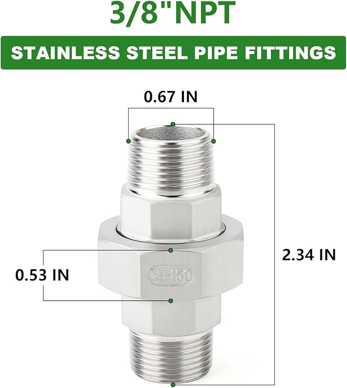 TAISHER 2PCS 304 Stainless Steel Union，3/8" NPT Male x 3/8" NPT Male Cast Pipe Fitting