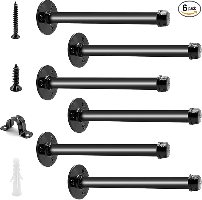 6 Pack Pipe Shelf Brackets 10 Inch, Industrial Iron Pipe Floating Shelves Bracket Heavy Duty Metal Shelving Brackets for DIY Shelves