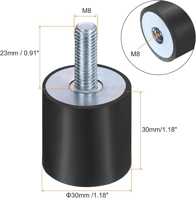 uxcell 6pcs M8x23mm Rubber Isolator Mounts with Studs 30x30mm Male Female Vibration Shock Absorber Zinc Plated Cylindrical Thread Mounts Anti Vibration Isolators with 6pcs M8 Lock Nuts