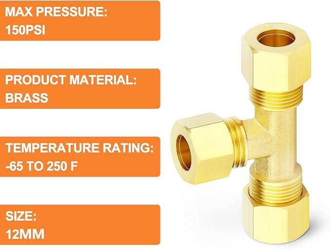 GASHER 2PCS Brass Compression Tube Pipe Fitting Connector, Tee，12mm x 12mm x 12mm Tube OD Connector