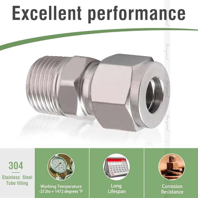 Stainless Steel 304 Compression Fitting to connect 1/2 inch OD tube x 1/2 NPT Male thread Coupler, for brass copper stainless steel tubing (2 pcs)