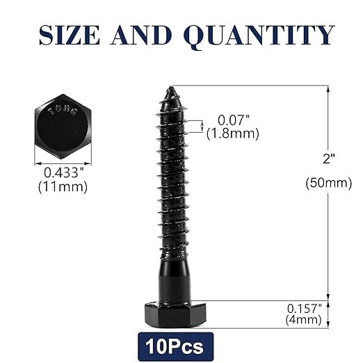 1/4" x 2" Hex Head Lag Screws Bolts 10Pcs 304 Stainless Steel 18-8, Partial Thread, Hexagon Head Wood Screws Black Oxide by SG TZH