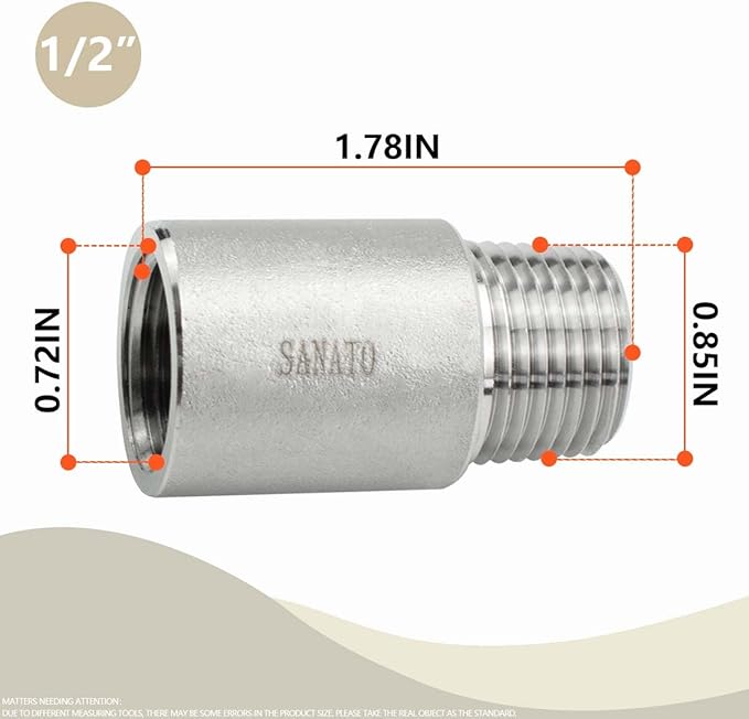 SANATO 1 Pcs SS 304 Forging Nipple Cast Piple, 1/2" NPT Male x 1/2" NPT Female Threaded, 50mm Piple Fittings