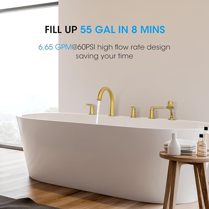 Roman Tub Faucet Set with Hand Shower, KRUZOO Bathtub Faucet Set Trim Kit with Rough-in Valve, Deck Mount Widespread 5 Hole Brass Tub Filler, KZ-9609BG, Brushed Gold