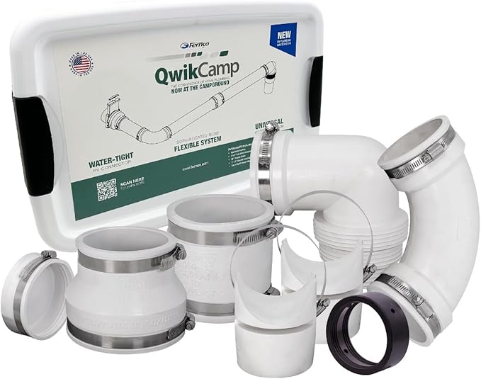 Fernco QwikCamp RV and Camper Sewer Waste Plumbing Connection System Kit with Slip Fit Coupling Adapter for 3-in. PVC Pipe and Pipe Stands in White