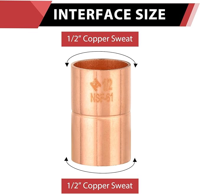 Pro 50 Pack EFIELD 1/2" X 1/2" Copper Coupling With Stop, LF Copper Plumbing Fittings with Sweat Solder Connection,(COPPER001)