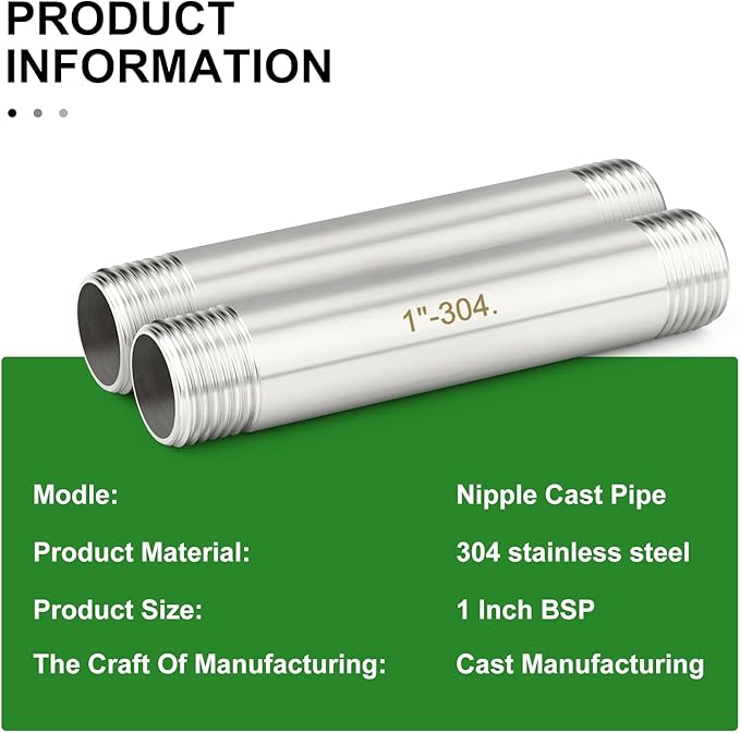 TAISHER 2PCS Stainless Steel Pipe Fittings, 1" BSP Male x 1" BSP Male Threaded, 4" Length Nipple Cast Pipe