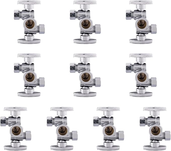 (Pack of 10) EFIELD 1/4 Turn Dual Compression Outlet Angle Stop Valve with 2 Shut Off Valves/Handles, 1/2" NOM (5/8" OD) x (3/8 inch x 3/8 inch) Chrome,(VALVE134-10PCS)