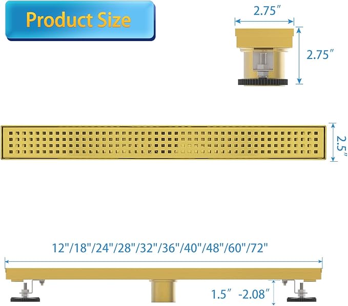 Linear Shower Drain, 28 inch Gold Drain with Removable Grate Cover, Brushed 304 Stainless Steel Shower Floor Drain, Linear Drain with Hair Strainer and Adjustable Feet