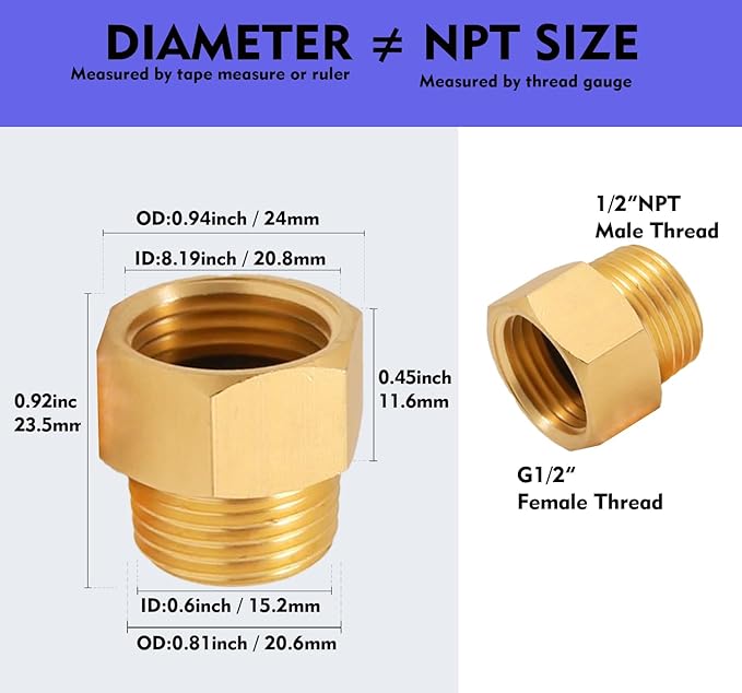 G 1/2 BSP Female to US 1/2 NPT Male Thread (2-Pack), Solid Brass Pipe Fitting，Connector with Rubber Washer， British to US Gauge Sensor Sender Adapter BSP NPT Thread Converter