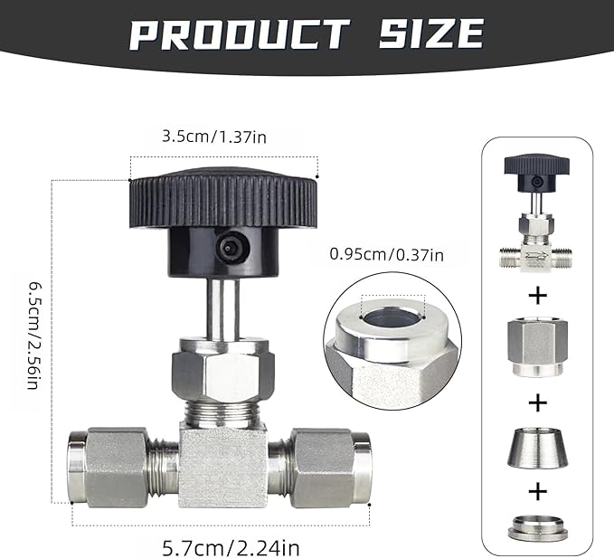 1 Piece3/8NeedleValve，O.D.3/8 Inch，Flow Control Valve,for Connecting0.95cm Stainless SteelTubing, Copper, RigidPlastic Tubing, Used to Control Water, Gas and Oil. Stainless Steel 304.