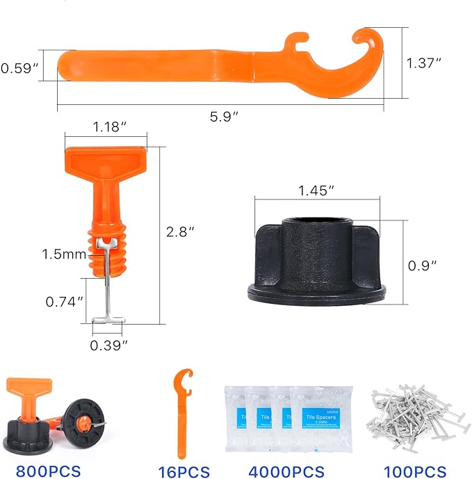 Reusable 1/16" Tile Leveling System Kit (800pcs) w/ 4000 1/12" Cross Spacers + 16 Wrenches & 100 Steel Pins - Professional Floor Installation Tools(800, 1/12)
