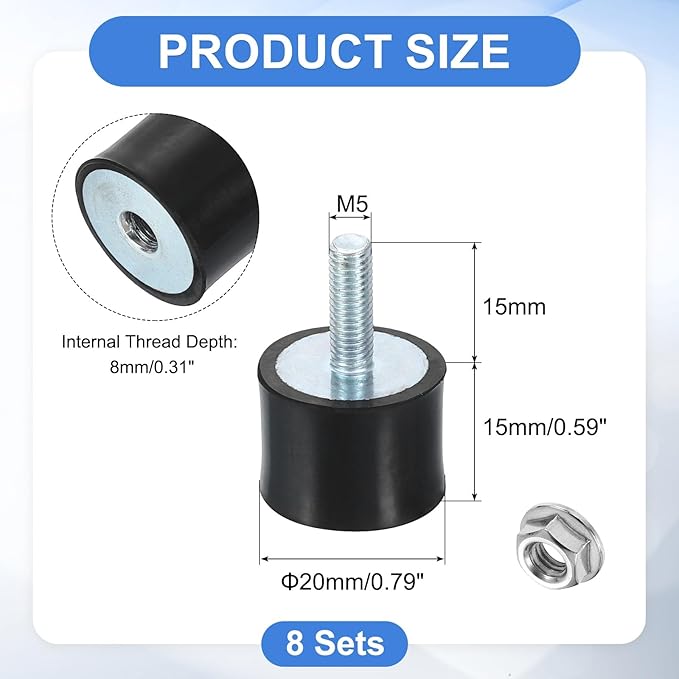 uxcell M5 Rubber Mounts, 8Pcs 20x15mm(DxH) Rubber Cylindrical Anti Vibration Isolator Shock Absorber with Lock Nut for Car Bobbin Generator Air Compressors