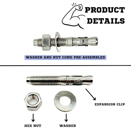 Wedge Anchors – Heavy-Duty 304 Stainless Steel Expansion Bolts for Concrete & Masonry, Rust-Resistant & Durable - 1/2" X 3-1/4" - 25 Pack