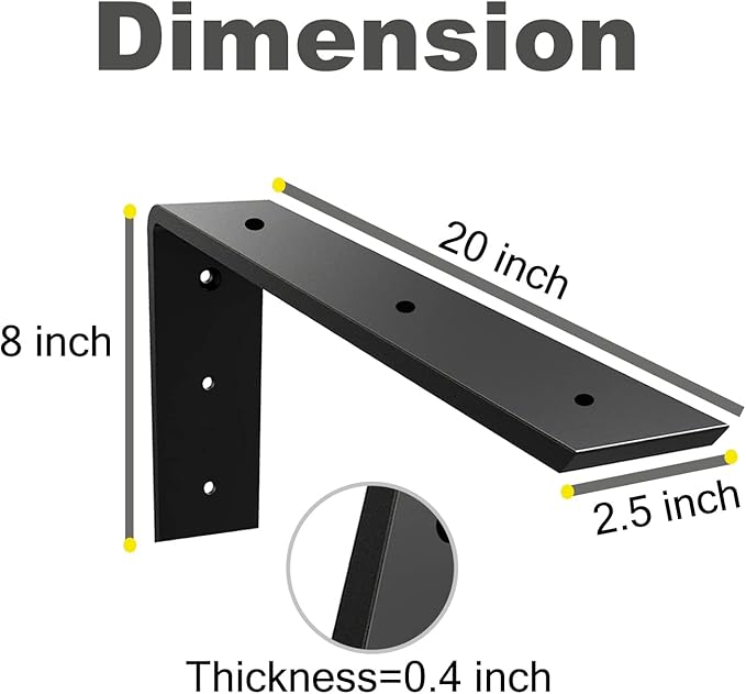 WINKER Countertop Support Bracket 6 Pack Heavy Duty 3/8" Thick Hidden L Shelf Bracket 20" x 8" x 2.5" Metal Corbels for Quartz/Granite/Wood/Concrete/Laminate Countertops, Black (6 Hole)
