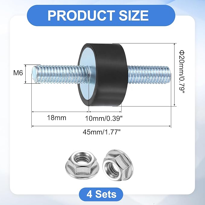 uxcell 4Pcs M6 x 18mm Rubber Mounts, 10 x 20mm Cylindrical Anti Vibration Isolator Studs Shock Absorber Double Studs with Nuts for Car Bobbin Generator Air Compressors