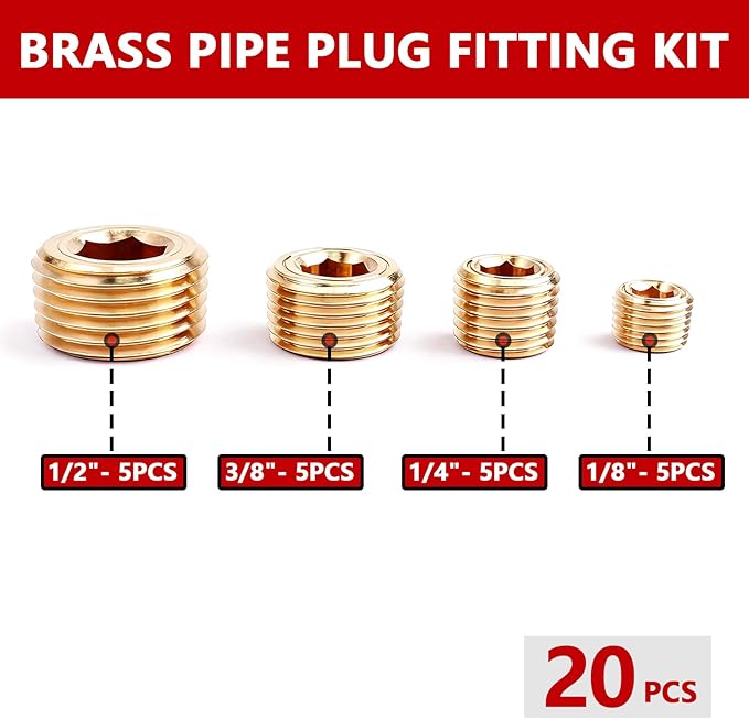 20PCS Brass Pipe Plug Fitting 1/4" 1/8" 3/8" 1/2" NPT Male Plug Hex Counter Sunk Plugs,Internal Hex Thread Socket Pipe Plugs Kit
