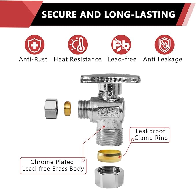 10-Pack EFIELD Angle Stop Valve 1/2" Nominal (5/8" OD) Compression x 3/8" OD, 1/4-Turn,(VALVE116-10PCS)