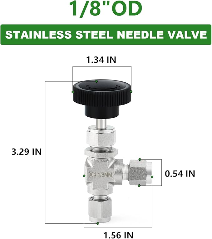 TAISHER 1PCS 304 Stainless Steel Compression Tube 90 Degree Needle Valve 1/8"" Tube OD x 1/8"" Tube OD For Flow Control Water Gas Oil, Silver
