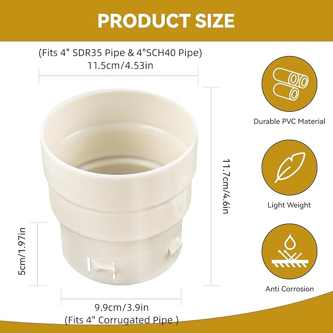 4" PVC to Corrugated Pipe Adapter, 4" Corrugated Pipe to PVC Adapter to 4" SDR 35 or 4" SCH 40, 4 inch Corrugated Drain Pipe Fittings for Yard and Gutter Drainage Systems