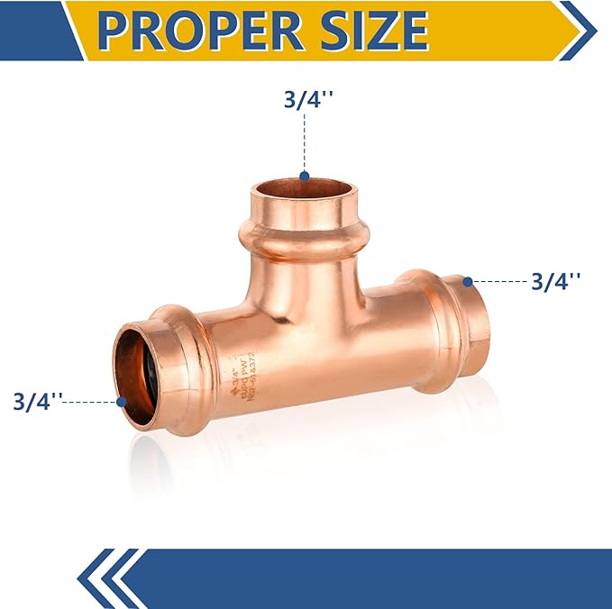 5-Pack GUOFIS Copper Press Tee,3/4" x 3/4"x 3/4" Tee Fittings for Copper Tube Connection with Stop(PRESS016-5PCS)