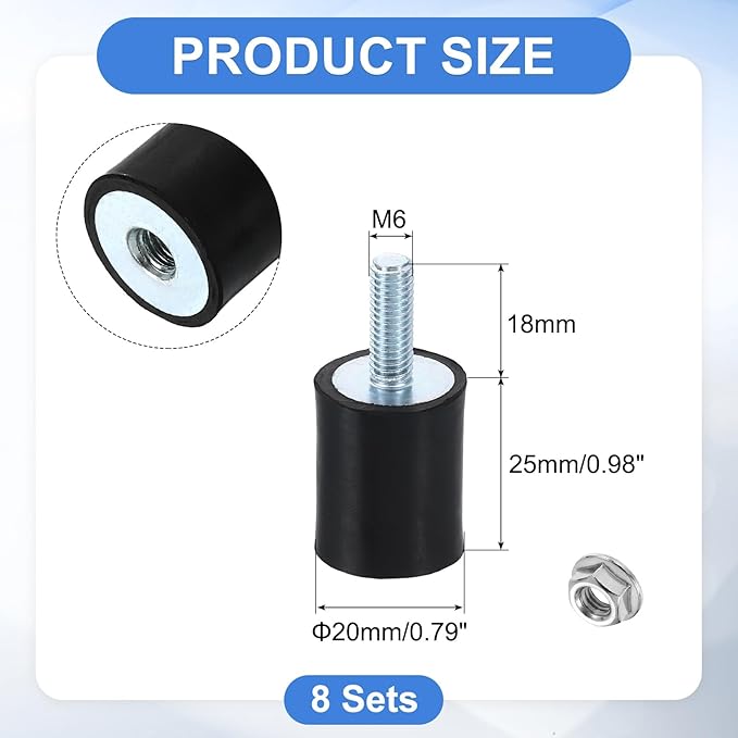 uxcell M6 Rubber Mounts, 8Pcs 20x25mm(DxH) Rubber Cylindrical Anti Vibration Isolator Shock Absorber with Lock Nut for Car Bobbin Generator Air Compressors
