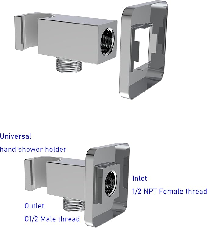 Aquaiaw Wall Supply Elbow with Flange, Tapered 1/2 NPT Female Inlet, Solid Brass Wall Union With Handshower Holder, Square Wall Supply Elbow With Hand Held Shower Head Bracket, Polished Chrome