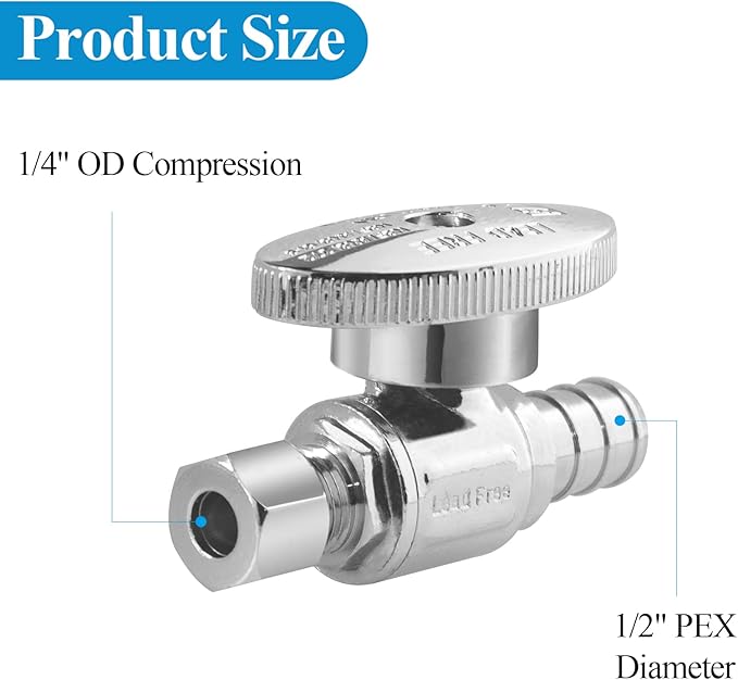WiseWater PEX Straight Stop Valve 1/2" PEX x 1/4" Compression, 1/4 Turn Shut Off Valve with 10 Stainless Steel Clamps for Easy Installation, Heavy Duty Chrome Plated Brass for Sink & Toilet (10-Pack)