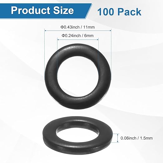 100-Pack M6 Flat Washers, Metric 11mm OD 1.5mm Thick 304 Stainless Steel Washers for Bolts Screws Nuts for Automotive/Machinery/Furniture, Flat Metal Washers [Black Galvanized]