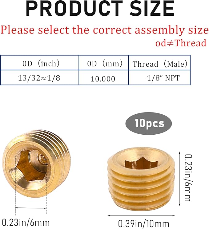 1/8" NPT Male Plug Fitting Set, 10 PCS Brass Plug Hex Counter Sunk Plug for Closing the End of, Internal Hex Socket Thread Socket Plug Kit