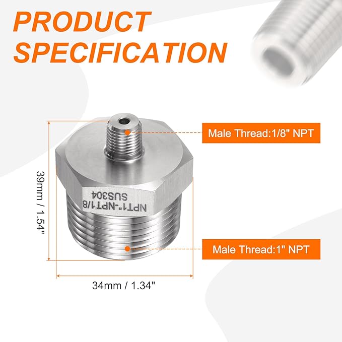 HARFINGTON 304 Stainless Steel Hex Nipple 1/8" NPT Male x 1" NPT Male Straight Thread Pipe Fitting Extension Pipe Fittings Connector Adapter for Water Oil Gas Tub