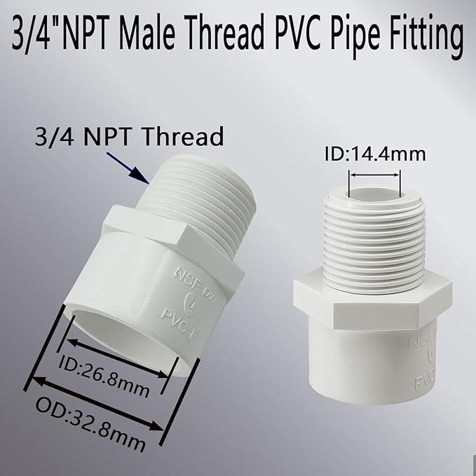 10Pcs 3/4 inch NPT Male Thread PVC Pipe Fitting Adapter Connector(Socket x NPT Male), 3/4 inch PVC Pipe Fitting for Sch40 Pipe for Plumbing Water Line