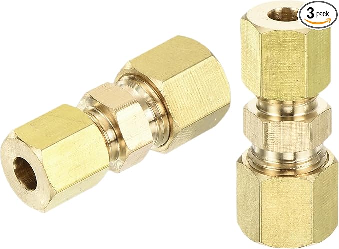 uxcell 3Pcs Brass Compression Tube Fitting, 3/16" Tube OD x 1/4" Tube OD Connector Straight Coupling Adapter Union Fittings