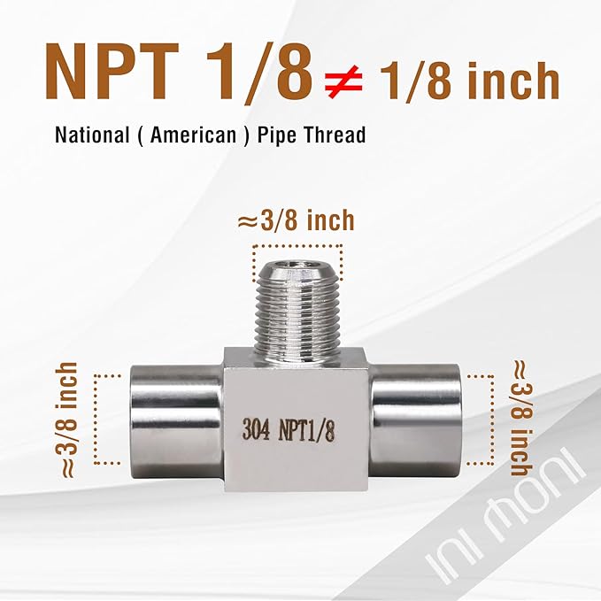 1/8 NPT tee pipe female × male × female thread 3 ways T pipe adapter, stainless steel forged tee connector, high pressure t shaped fitting for temp/oil pressure gauge, 4350 psi