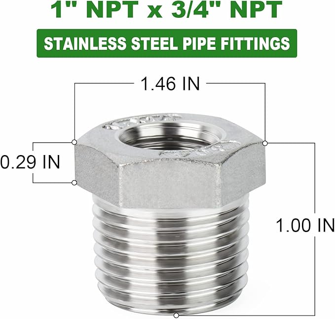 TAISHER 5PCS 304 Stainless Steel Reducer Hex Bushing, 1" NPT Male x 3/4" NPT Female, Reducing Pipe Adapter Fitting