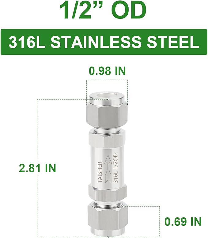 TAISHER 1PCS 316L Stainless Steel 1/2" Tube OD Check Valve(Ferrule Silver Plated),Backflow Prevention,One Way Non-Return Check Valves
