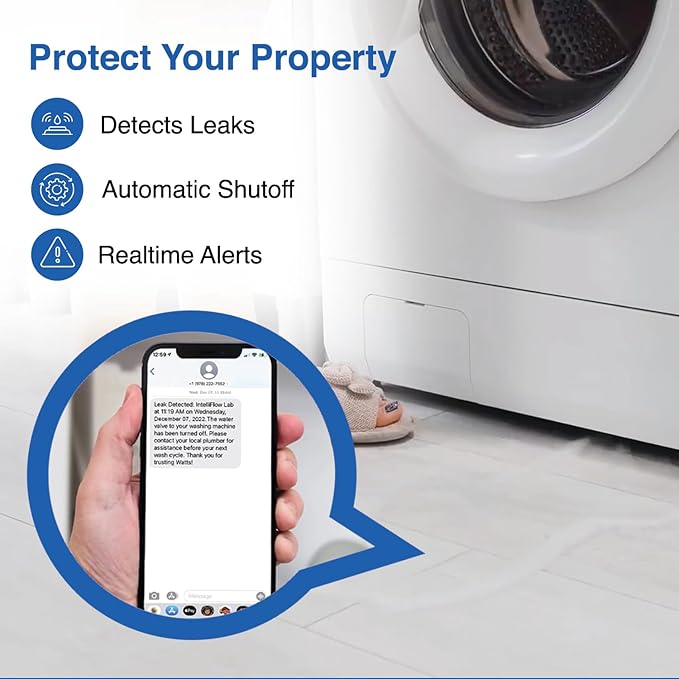 Watts A2C-SC-WB Series Intelliflow 1/2" Washing Machine Smart Water Shutoff Valve with Leak Sensor, Inlet Adapters, Wall Box, Automated Flood Detection with Real-Time Text and E-mail Alerts