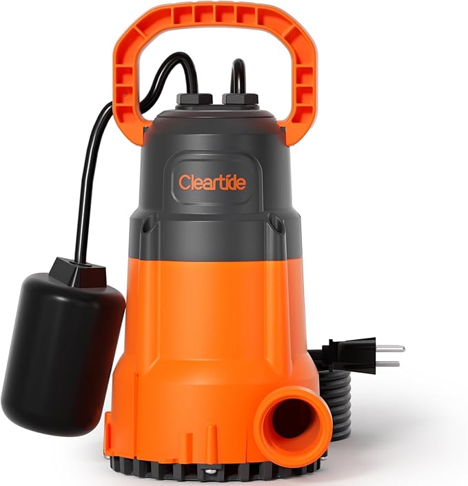 Cleartide Submersible Sump Pump with Tethered Float Switch, 1/2 HP Utility Water Pump, Electric Drain Pump Handles 3/8" Solids, 10 FT Cord