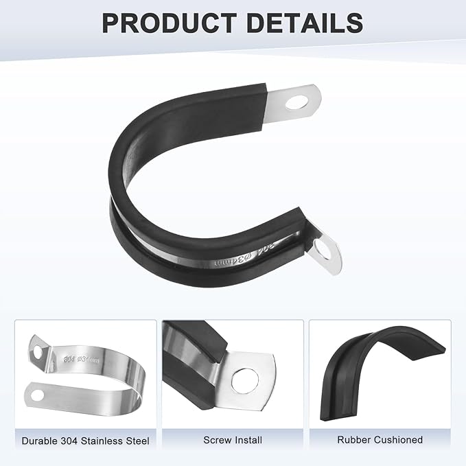 12-Pack Cable Clamps, 1-11/32 Inch/ 34 mm 304 Stainless Steel Rubber Cushioned Insulated Cable Clamp R Shape Metal Holder for Tube/Wire/Pipe/Loop Installation