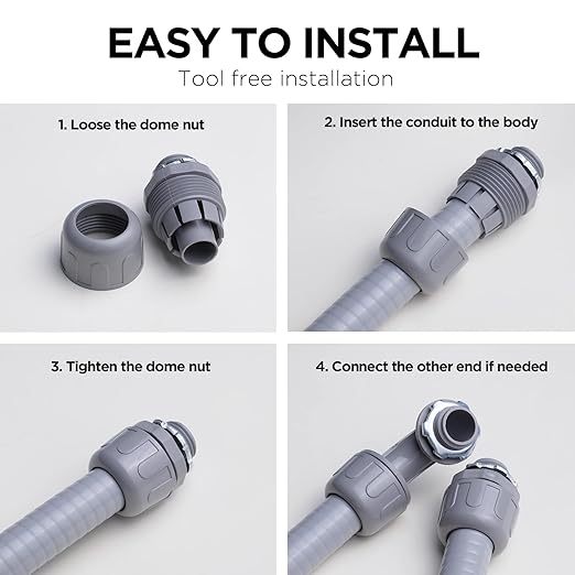Conduit Connectors, 1/2 Inch Liquid Tight Connector NPT Non-Metallic for PVC Electrical Flexible Conduit Fittings, 180 Degree Straight, UL Listed for Home Outdoor Tubes Tools, Grey (10-Pack)