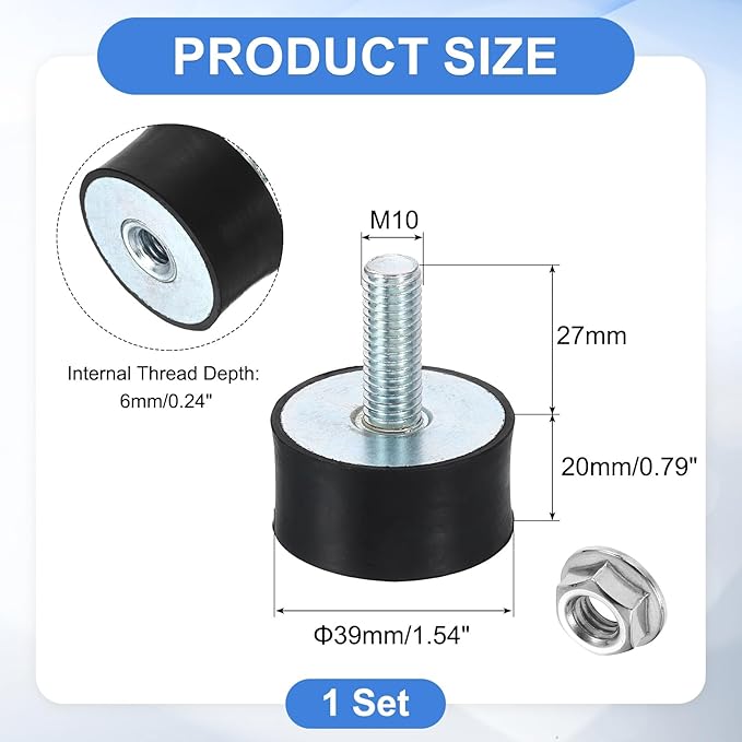 uxcell M10 Rubber Mounts, 1Pcs 39x20mm(DxH) Rubber Cylindrical Anti Vibration Isolator Shock Absorber with Lock Nut for Car Bobbin Generator Air Compressors