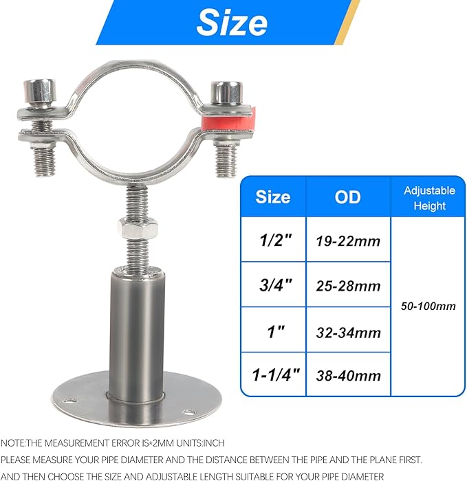 Kodilin 4PCS 304 Stainless Steel Wall Mount Ceiling Mount Pipe Supports,Suitable for OD Pipe 3/4"(25-28mm),Adjustable Height 50-100mm,Adjustable Pipe Strap Clamp with Screws