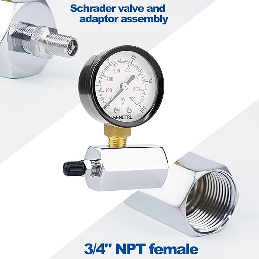 SENCTRL 0-100 Psi Gas Pressure Test Gauge, 2" Dial Size, 3/4" FNPT Connection, Brass Valve, Chrome Plated Steel Body Assembly