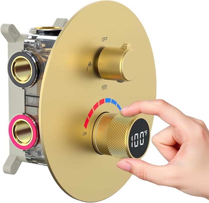 Temperature Display Shower Valve 3 Way Brass Rough-in Mixer and Round Trim Kit, Triple Function Digital Shower Diverter, Brushed Gold