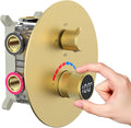Temperature Display Shower Valve 3 Way Brass Rough-in Mixer and Round Trim Kit, Triple Function Digital Shower Diverter, Brushed Gold