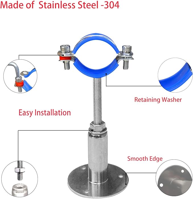 Wall Mount Ceiling Mount Pipe Supports,Adjustable Pipe Clamps、Hangers、 Stainless Steel 304,2PCS Suitable for Pipe OD 48-51mm Adjustable Height 50-100mm