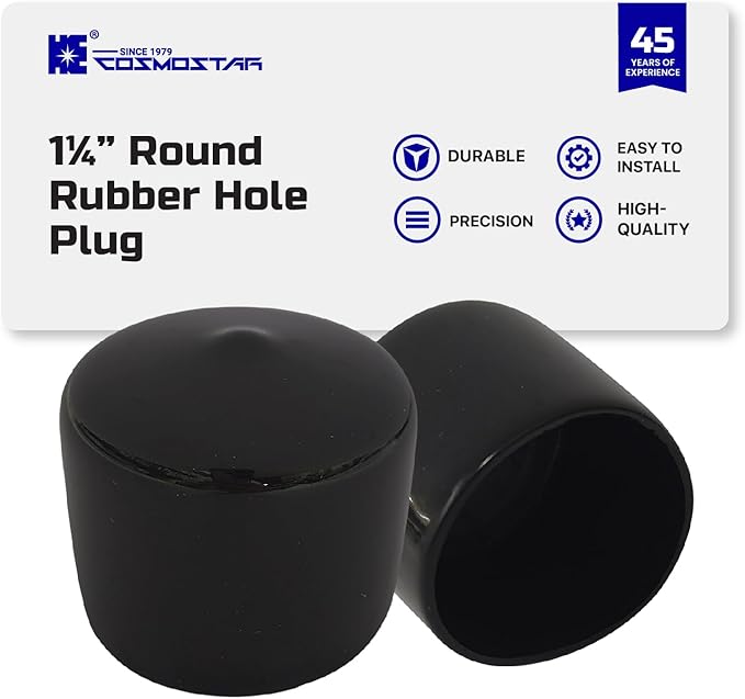 Cosmostar 1.25" Inch (31.75 mm) Round Rubber Hole Plugs - Durable Black End Caps for Metal Tubing, Fences, Chair & Furniture Legs | Easy Glide Protection & Secure
