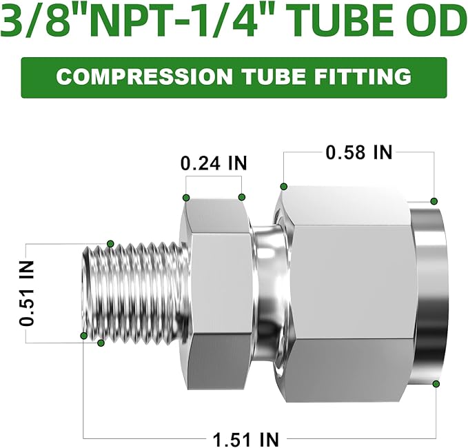 TAISHER 5PCS 304 Stainless Steel Compression Tube Pipe Fitting Connector, 3/8" Tube OD x 1/4" NPT Male Straight Adapter