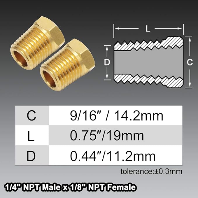 1/4 Inch NPT Male Thread to 1/8 Inch NPT Female Thread Brass Pipe Fitting, Reducing Hex Head Hose Bushing Adapter Convert Pack of 2